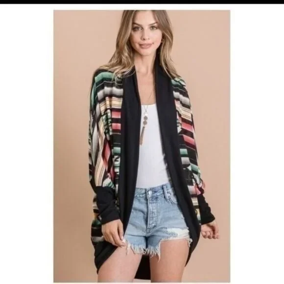 MULTICOLOR AZTEC PRINT OPEN CARDIGAN W/DOLMAN SLEEVES-NEW - Picture 3 of 8